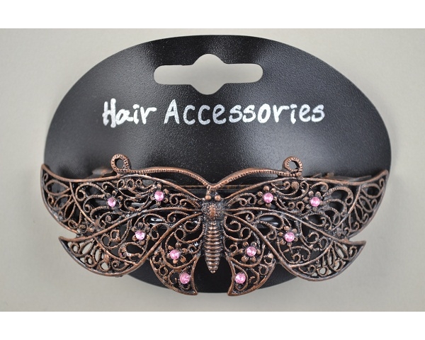 Bronzed butterfly barrette with clear or pink diamante stone detail