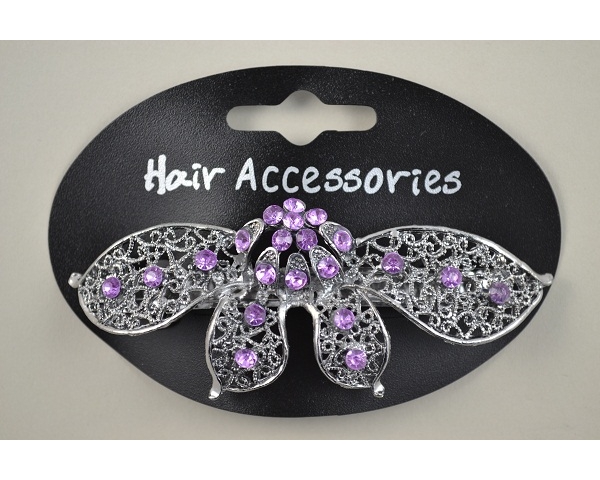 Shaped silver barrette with coloured diamante stone detail. In hot pink, clear & lilac