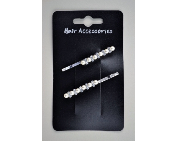 Card of 2 silver straight grips with pearl bead and diamante detail