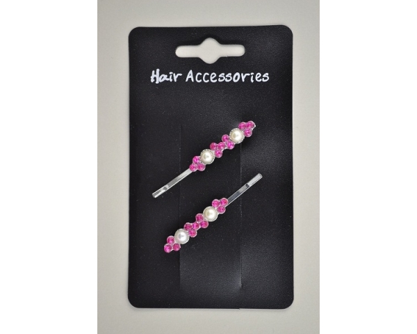 2 pearl bead and coloured diamante stone straight grips. In pink, hot pink & lilac