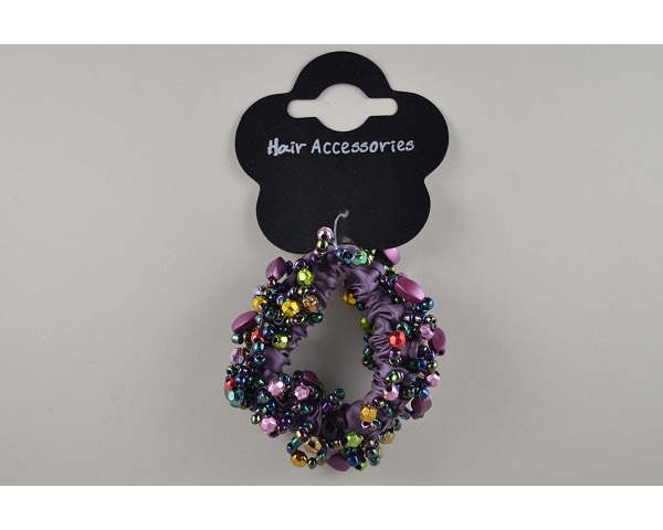 1 sateen scrunchie, trimmed with beads. In purple, brown, red & black