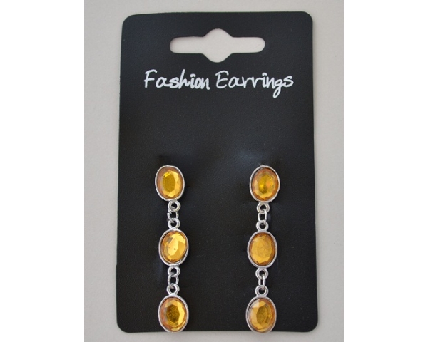 3 stone silver droplet earrings. Stones are green or amber in colour