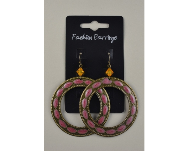 Bronze hooped droplet earrings with amber bead and pink design insert