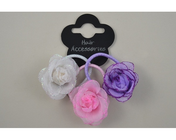 3 small roses on elastics per card with glitter in lilac, pink & white