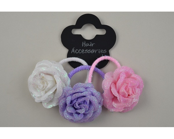 3 glittery roses on elastics per card in white, pink & lilac