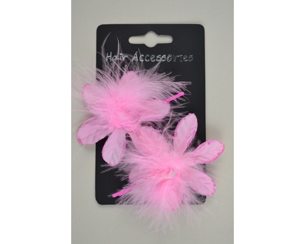 2  feathered flower hair grips per card. Assorted pink, lilac & white per pack of 12