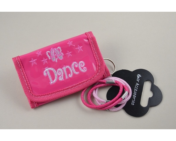 Wallet purse embroidered with 'DANCE' with 4 elastics. Packed 6 pink & 6 hot pink