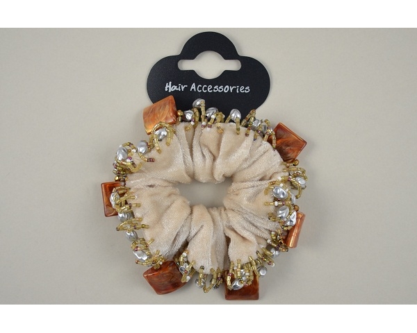 Velvet scrunchie with small and large bead trim. Packed 4 beige, 4 brown & 4 pink