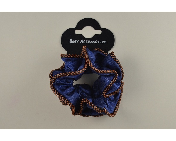 Textured sateen scrunchie with contrast trim. Packed 4 black, 4 brown & 4 navy blue