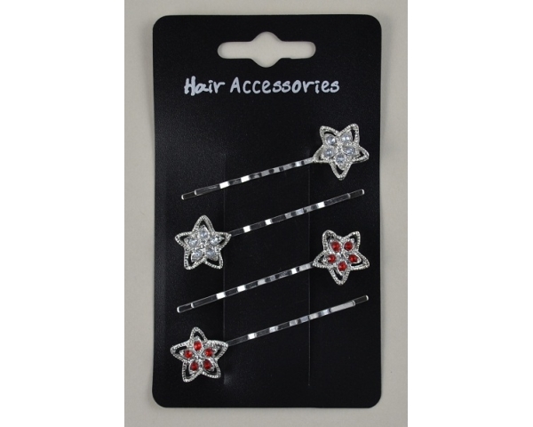 Card of 4 silver grips with star shape & diamantes. Assorted colours as per images