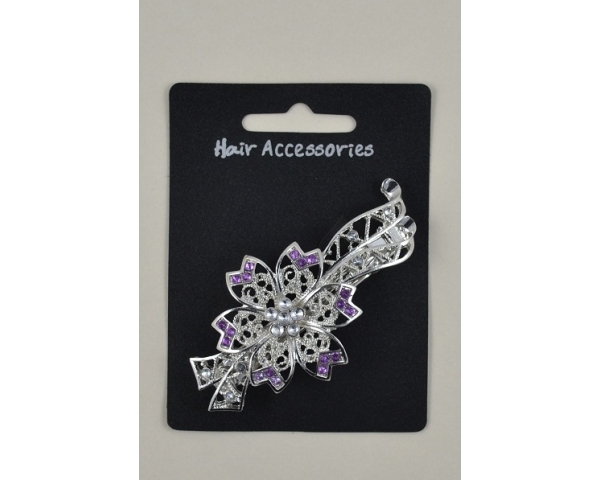 Silver flower shaped barrette with diamates. In hot pink, blue,green,pink & lilac