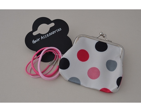 White sateen spotty clasp purse with 4 elastics.