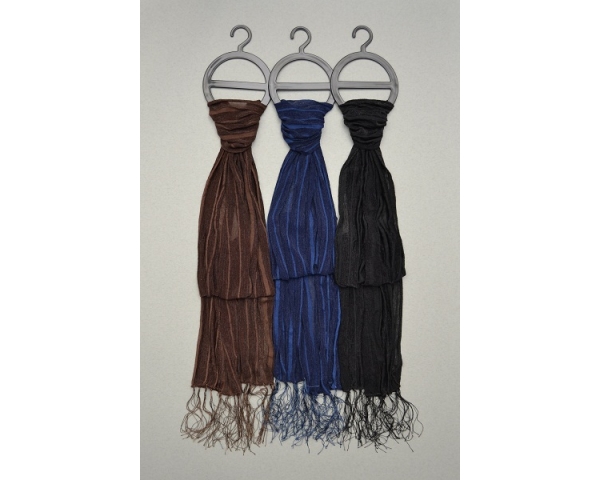 Delicate striped chiffon scarf with tassel. Packed assorted black, brown & navy blue