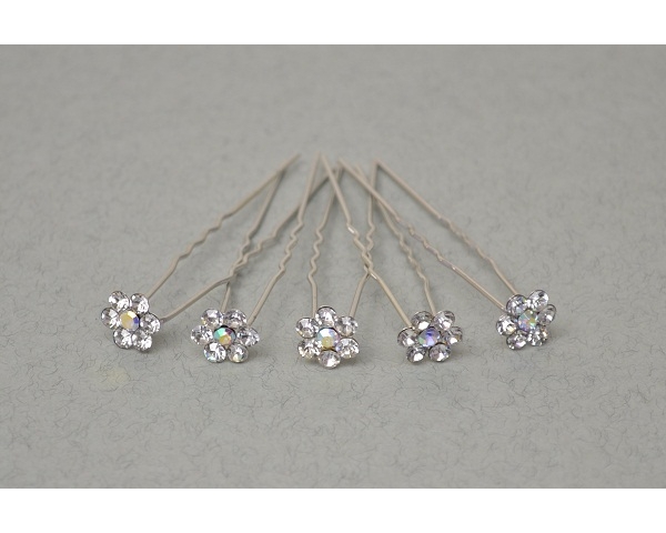 Crystal stone daisy hair pin. Packed 12 pins per container.