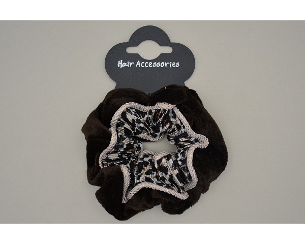 Single brown velvet scrunchie, 1x revsible with animal print, 1x trimmed with animal print.