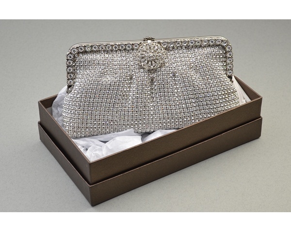 Vintage style silver clutch bag covered in crystal stones with pleating detail outlined with additional crystals and a crystal rose clasp. Long chain included