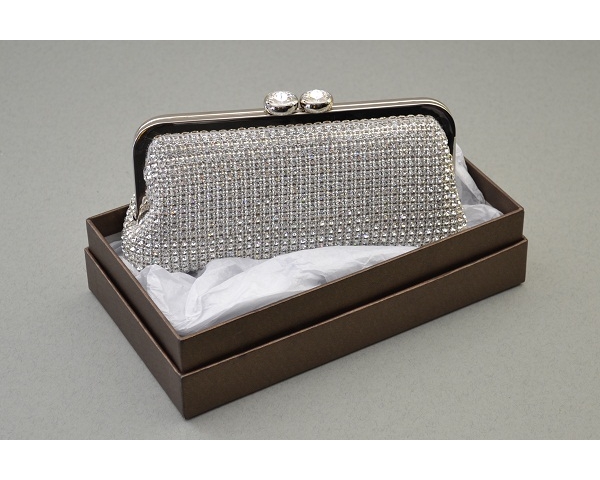 Silver clutch bag covered in crystal stones with a double diamante clasp fastening. Long Chain included