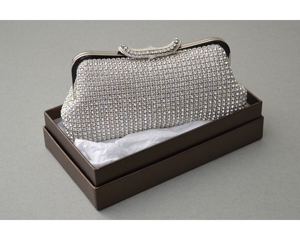 Silver clutch bag covered in crystals with a fan shaped clasp with additional crystals. Long chain included