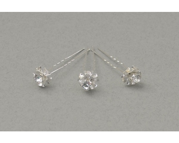 12 x Silver rose hair pins decorated with centre crystal. Rose approx 1cm.