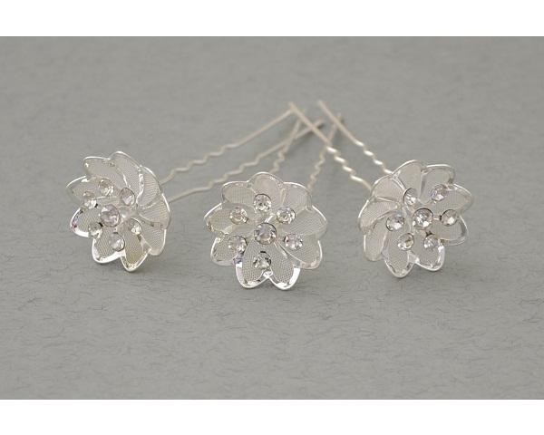 12 x Silver flower hair pin with mesh inlay & 7 cyrstals. Flower approx 2cm .