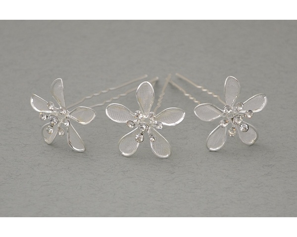 12 x Silver daisy hair pin with mesh inlay & 7 crystals. Flower approx 3cm.