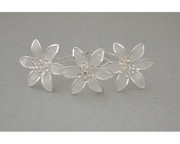 12 x Large silver flower hair pin with mesh inlay & 7 crystals. Flower approx 4cm.