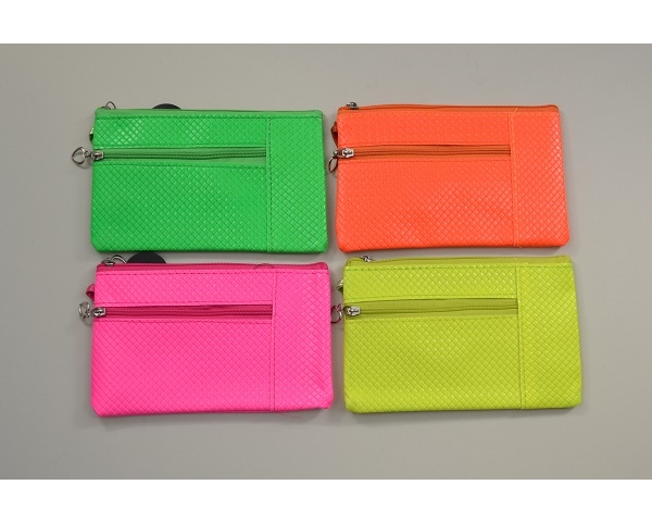 Hot neon coloured purse with heart zipper and wrist strap. L = 17cm  H = 11cm approx. Packed assorted colours as per image