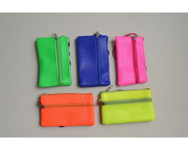 Neon coloured purses with wrist strap. l = 13cm H = 8cm approx. Packed assorted colours as per image