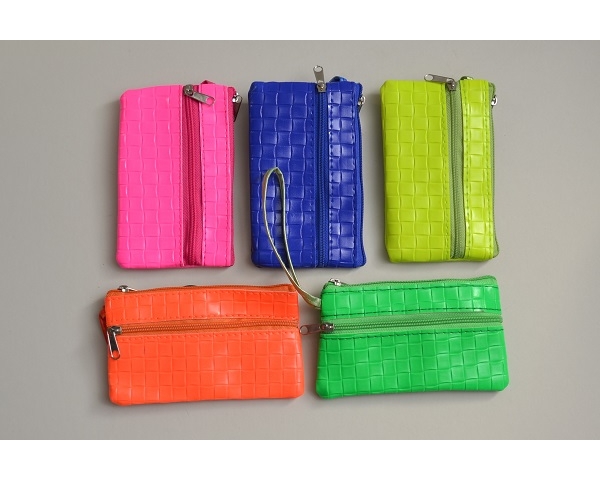 Mock croc effect neon purse with wrist strap. L = 13cm H = 8cm approx. Packed colours as per images