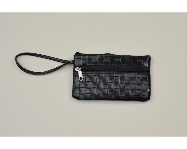 Mock croc effect purse in black with wrist strap. L = 13cm H = 8cm approx.