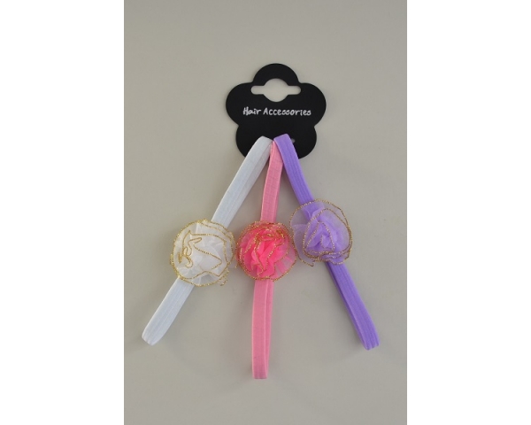 Kylie Elastics with chiffon flower & gold trim. Colours as per images per pack. Approx 17cm long
