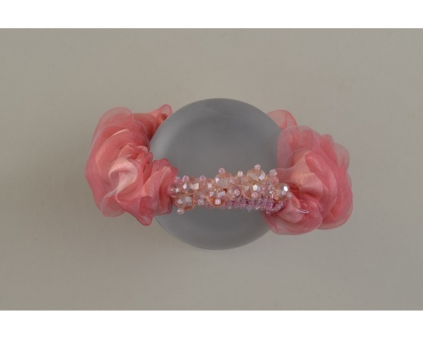 Peach sateen and chiffon scrunchie with central bead design