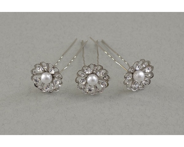 Daisy shaped crystal and pearl bead hair pin. 12 pins per pot