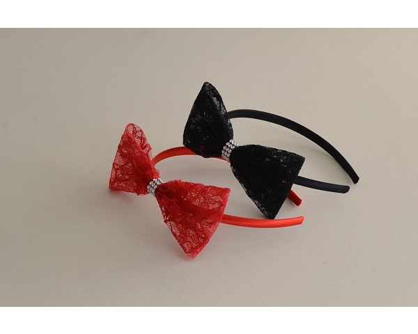 Lacy bow side mounted on sateen covered alice band in red and black per pack