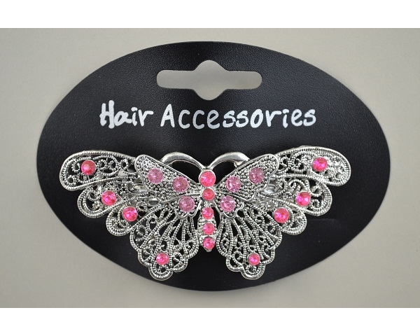 Silver butterfly barrette  with coloured diamante stones. Mixture of  purple, pink & clear