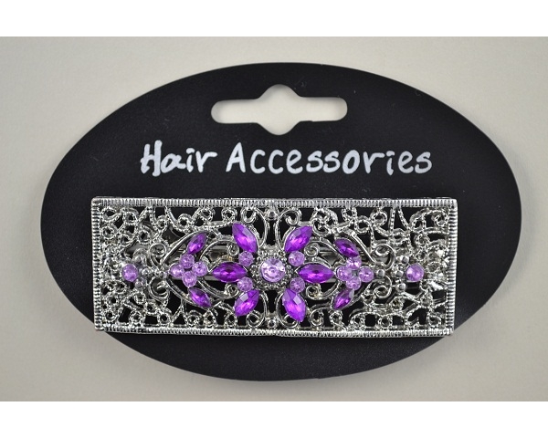 Rectangular silver barrette with diamante flower design in purple, pink or clear