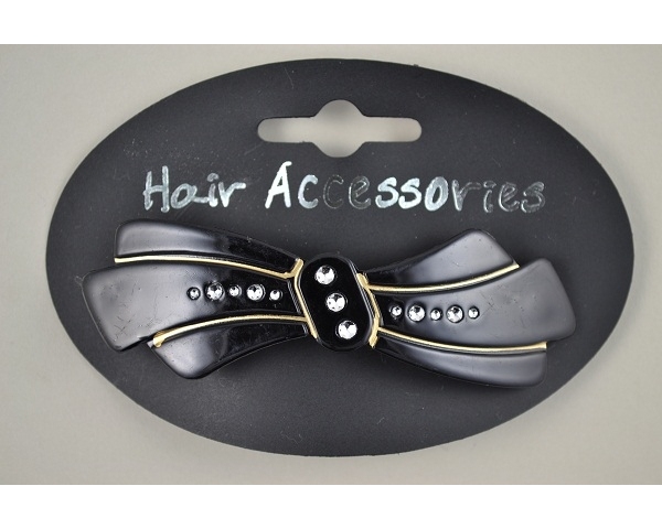 Bow shaped acrylic barrette in black with diamante detail.