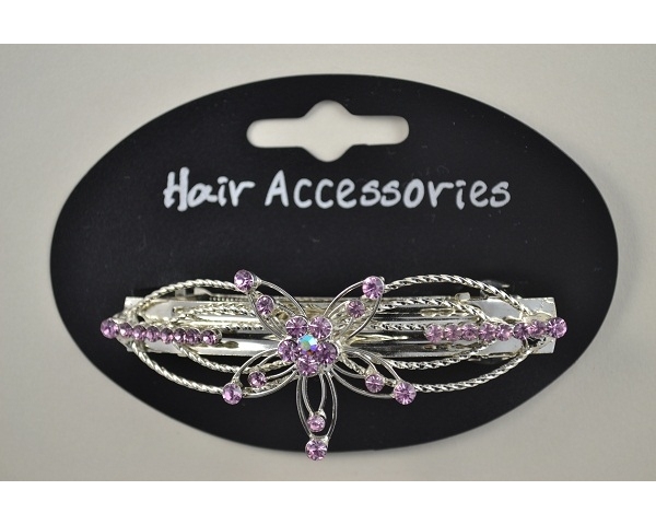 Silver barrette in 3 designs with coloured diamante stones. In blue, lilac & clear.