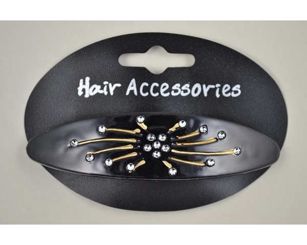 Black acrylic barrette with diamante stone detail. In oval or oblong shape