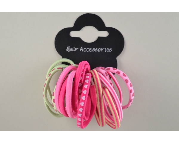 16 elastics of plain, spot, heart and stripy design. Colours as shown