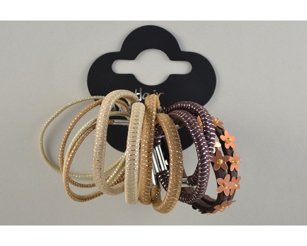 12 elastics in shades of brown of varying thickness, metallic silver thread & sequin detail