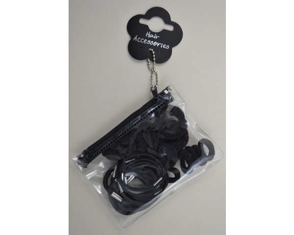 Plastic zipped purse bag containing 24 black elastics & ponios of varying size