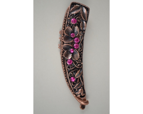 Bronzed metal hinged banana clip with coloured stone detail. Pink, amber and lilac