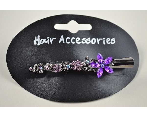Mini beak clip with coloured  glass stone flower detail. 8cm approx. In purple, green & pink