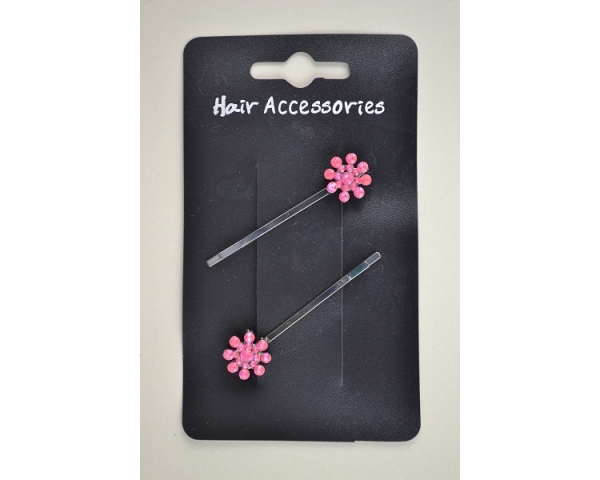 2 small flower shaped diamante grips. In clear & hot pink