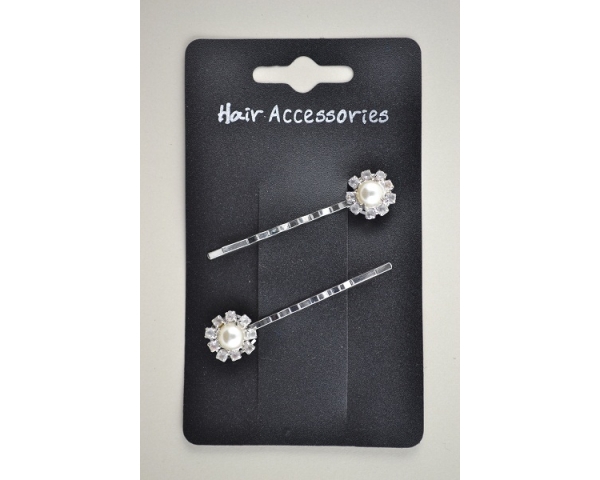 2 silver grips with pearl bead & diamante detail