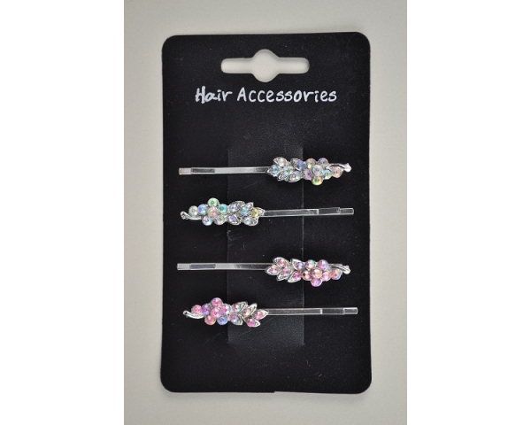 4 flower shaped diamante grip in 2 colours per card.