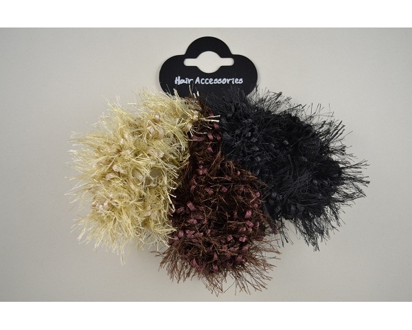 3 fluffy scrunchies per card in beige, brown and black