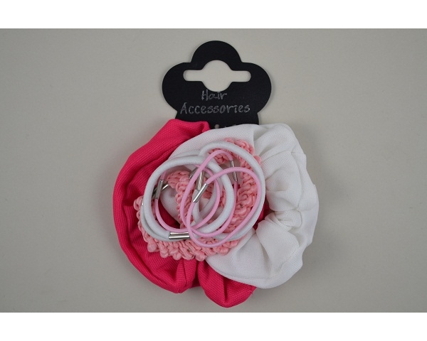 2 jersey scrunchies with 7 elastics of varying thickness. Colour as shown