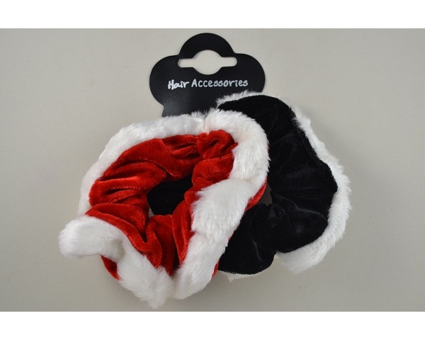 2 Christmas velvet scrunchies with white fur trim. 1x red & 1x black per card